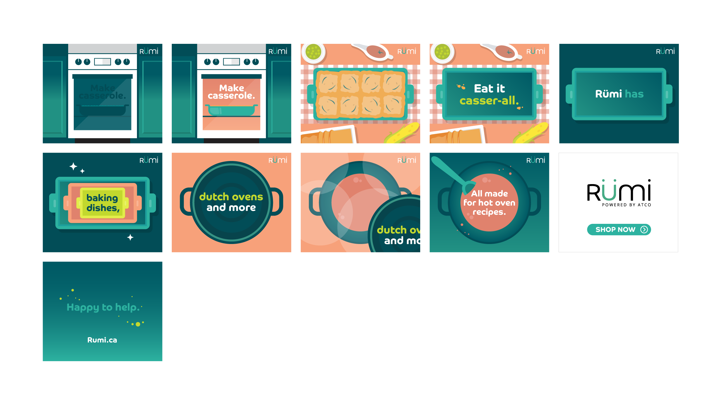 A high-fidelity, illustrative storyboard showing a theme for Rumi's cooking products