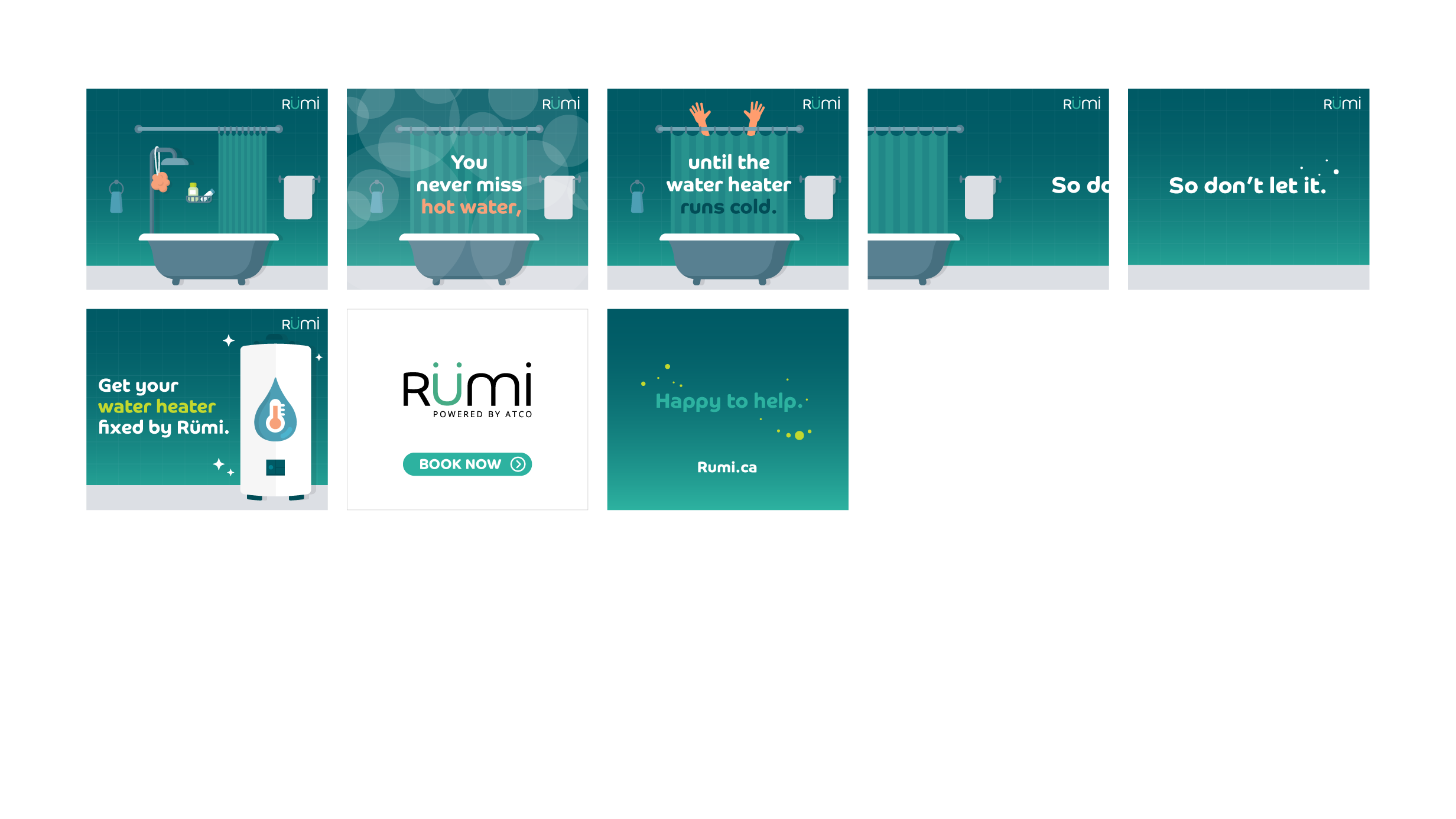 A high-fidelity, illustrative storyboard showing a theme for Rumi's water heating service