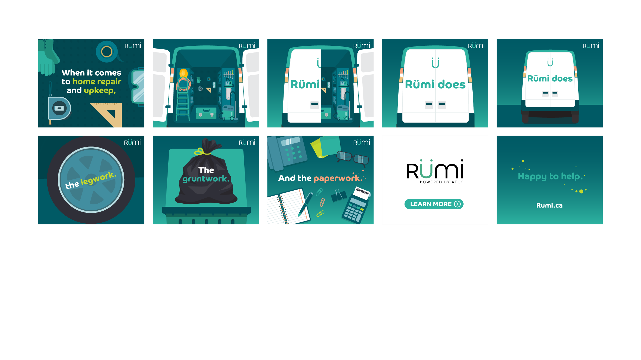 A high-fidelity, illustrative storyboard showing a theme for Rumi services