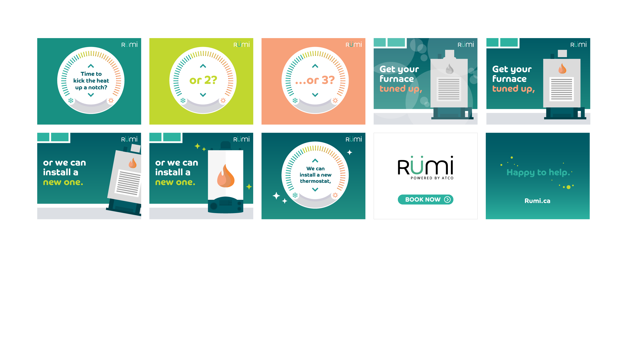 A high-fidelity, illustrative storyboard showing a theme for a new furnace and thermostat