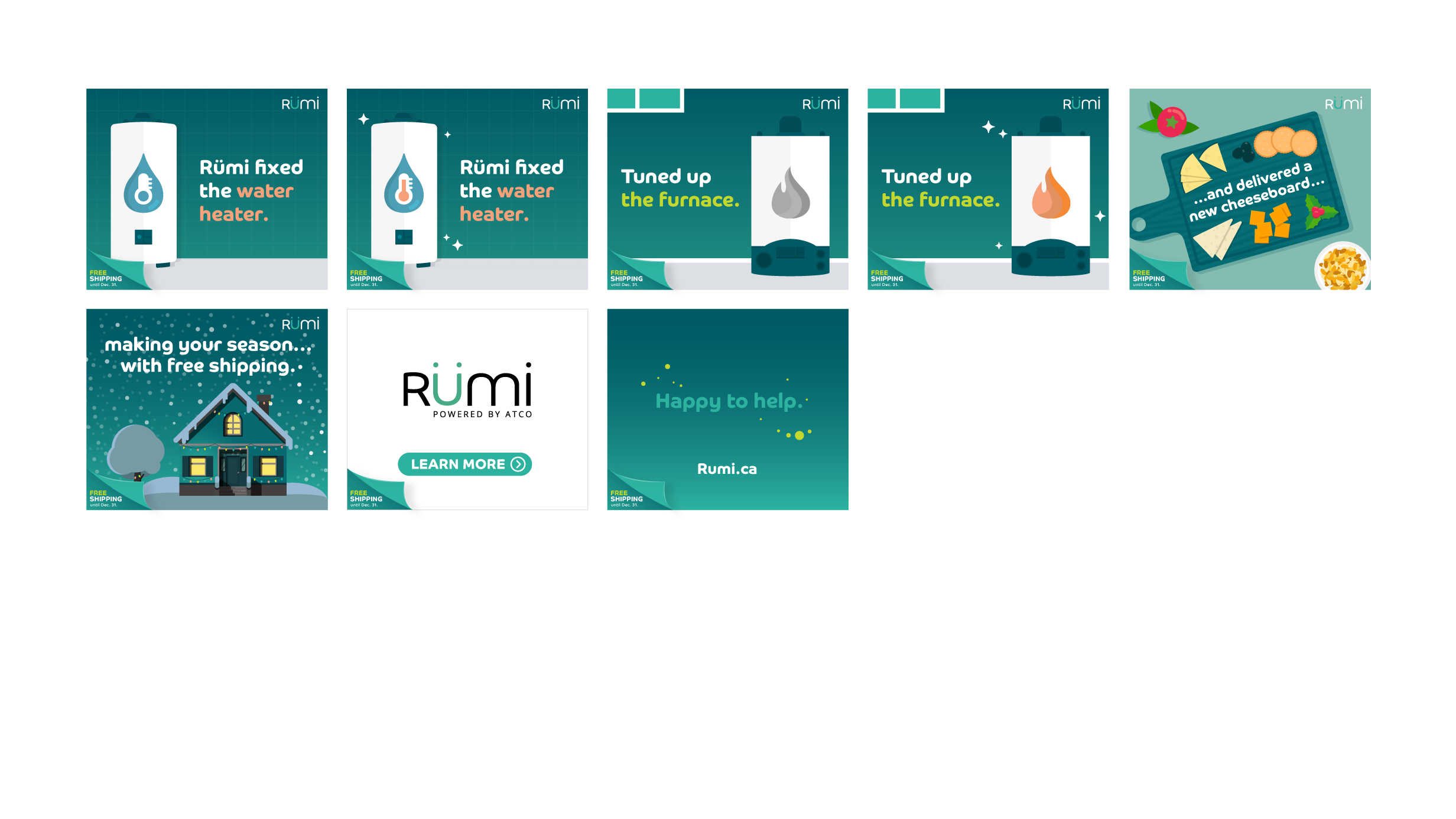 A high-fidelity, illustrative storyboard showing a theme for Rumi's products and services