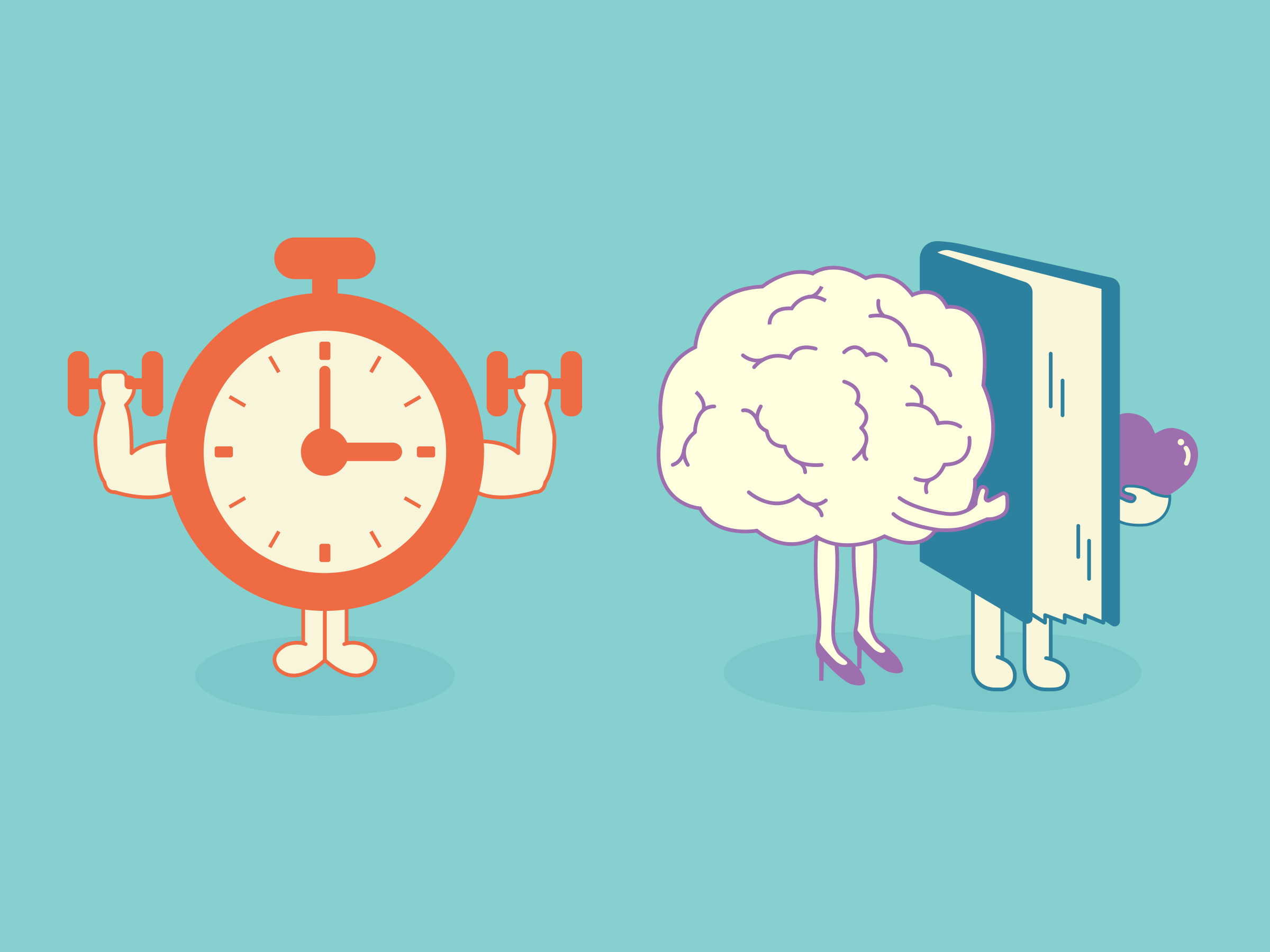 A vector illustration of a brain with high heels kissing a book holding a love heart while a buff alarm clock looks on
