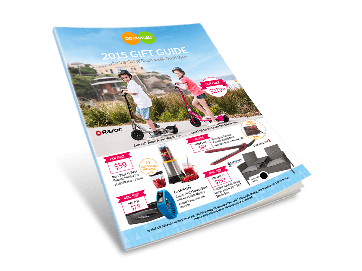 A mockup of the oo.com.au 2015 Gift Guide catalogue design