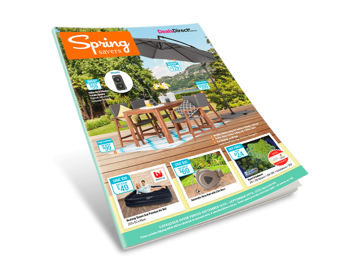 A mockup of the DealsDirect Spring Savers catalogue design