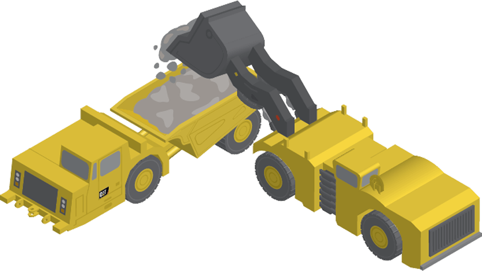 A 3d rendering of a front end loader tipping dirt and gold into a truck
