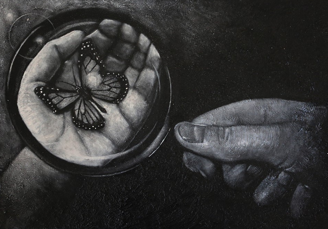 A dry brush painting of two hands holding a butterfly and a magnifying glass