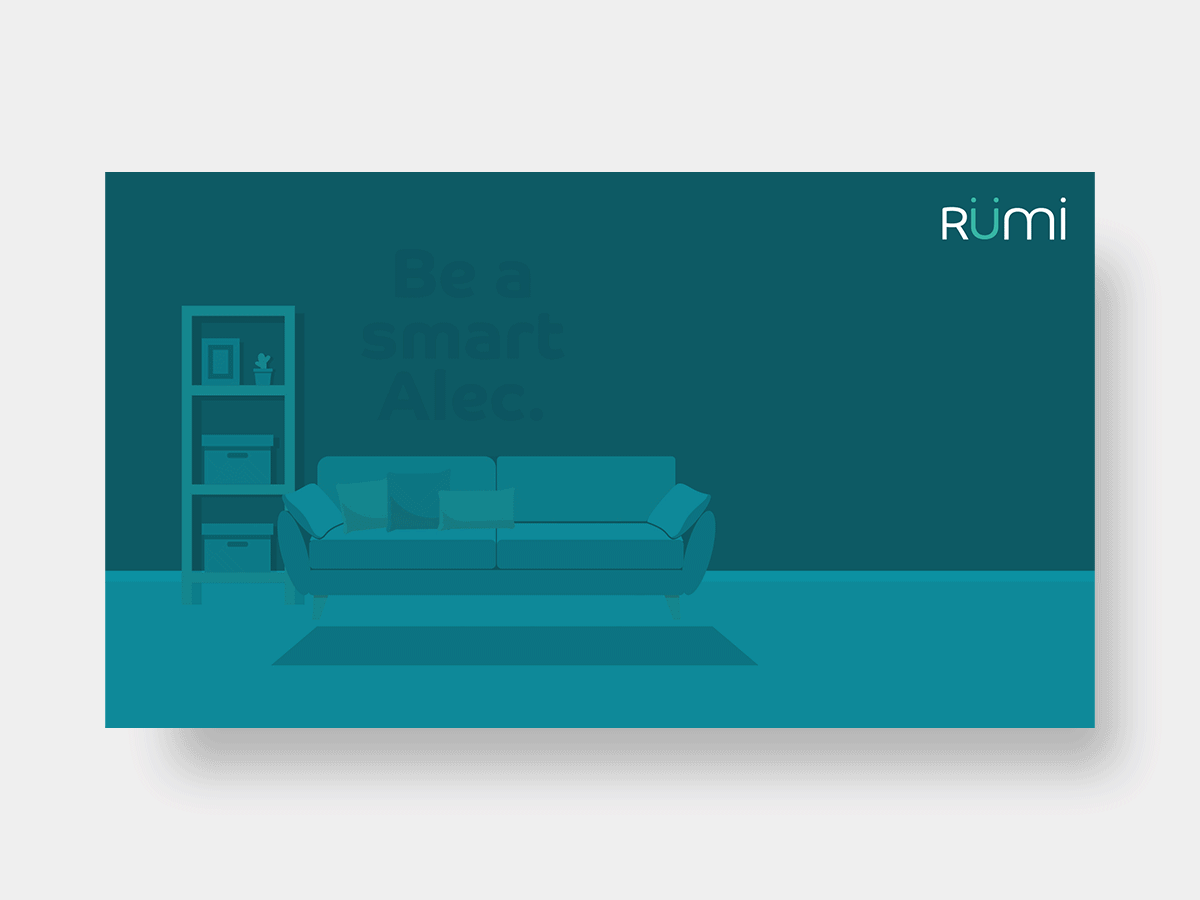A mobile phone appears on screen, when the light icon is pressed the room lights turn on to display the copy 