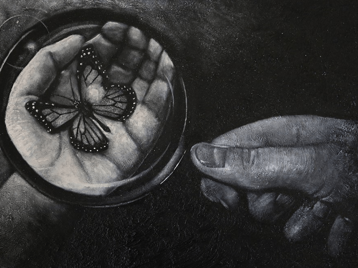 A dry brush painting of two hands holding a butterfly and a magnifying glass
