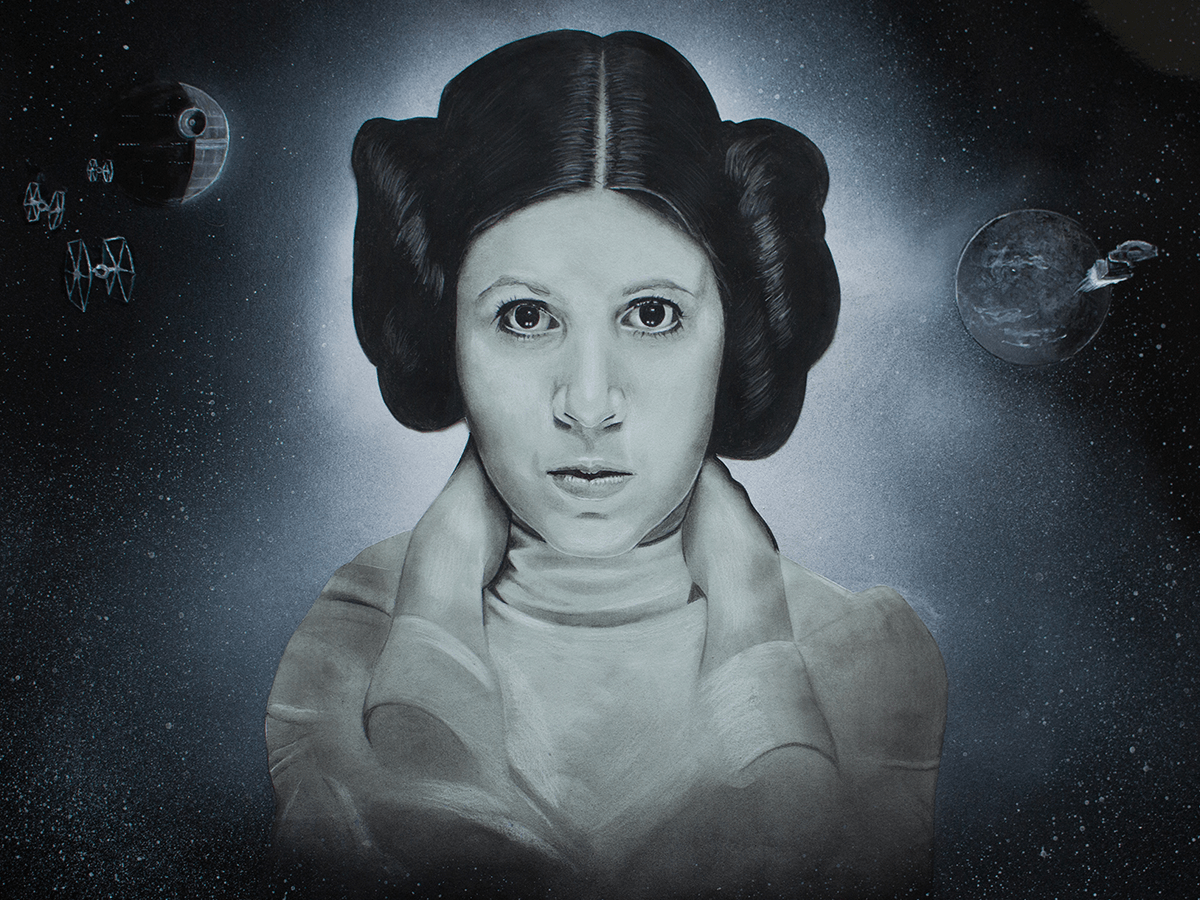 A photo-realistic pencil, paint and charcoal portrait drawing of Carrie Fisher starring as Princess Leia