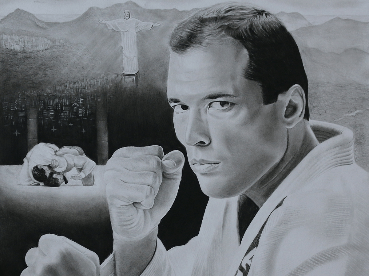 A photo-realistic pencil and charcoal portrait drawing of BJJ and UFC legend, Royce Gracie