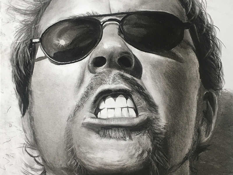 A photo-realistic pencil and charcoal portrait drawing of James Hetfield from the heavy metal band Metallica