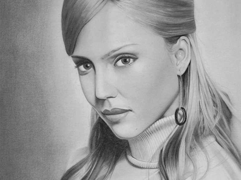 A photo realistic pencil portrait drawing of Jessica Alba