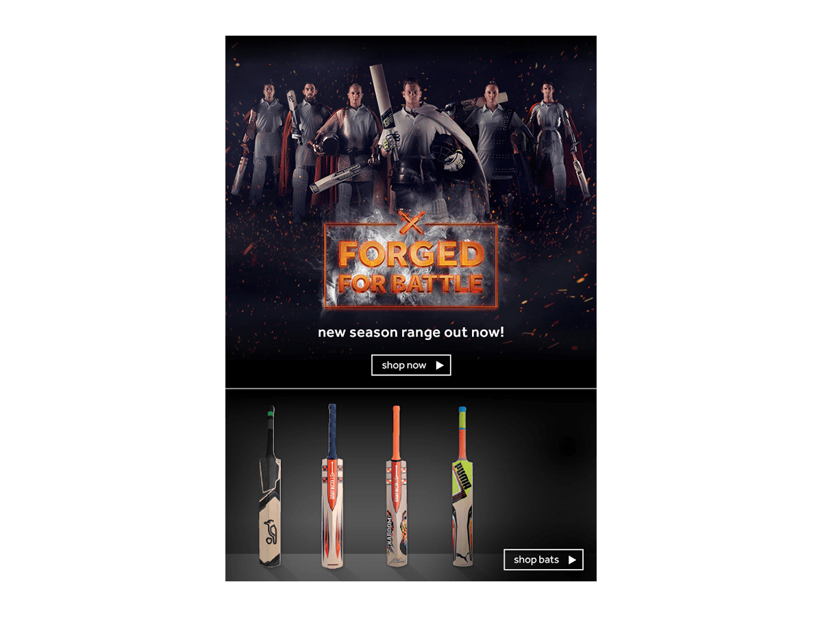 A Rebel email design that is featuring the Forged for Battle Cricket Campaign