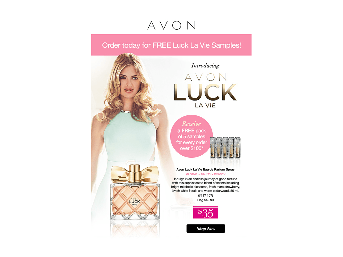 An email design that is featuring Avon Luck Makeup with a blonde woman on the left