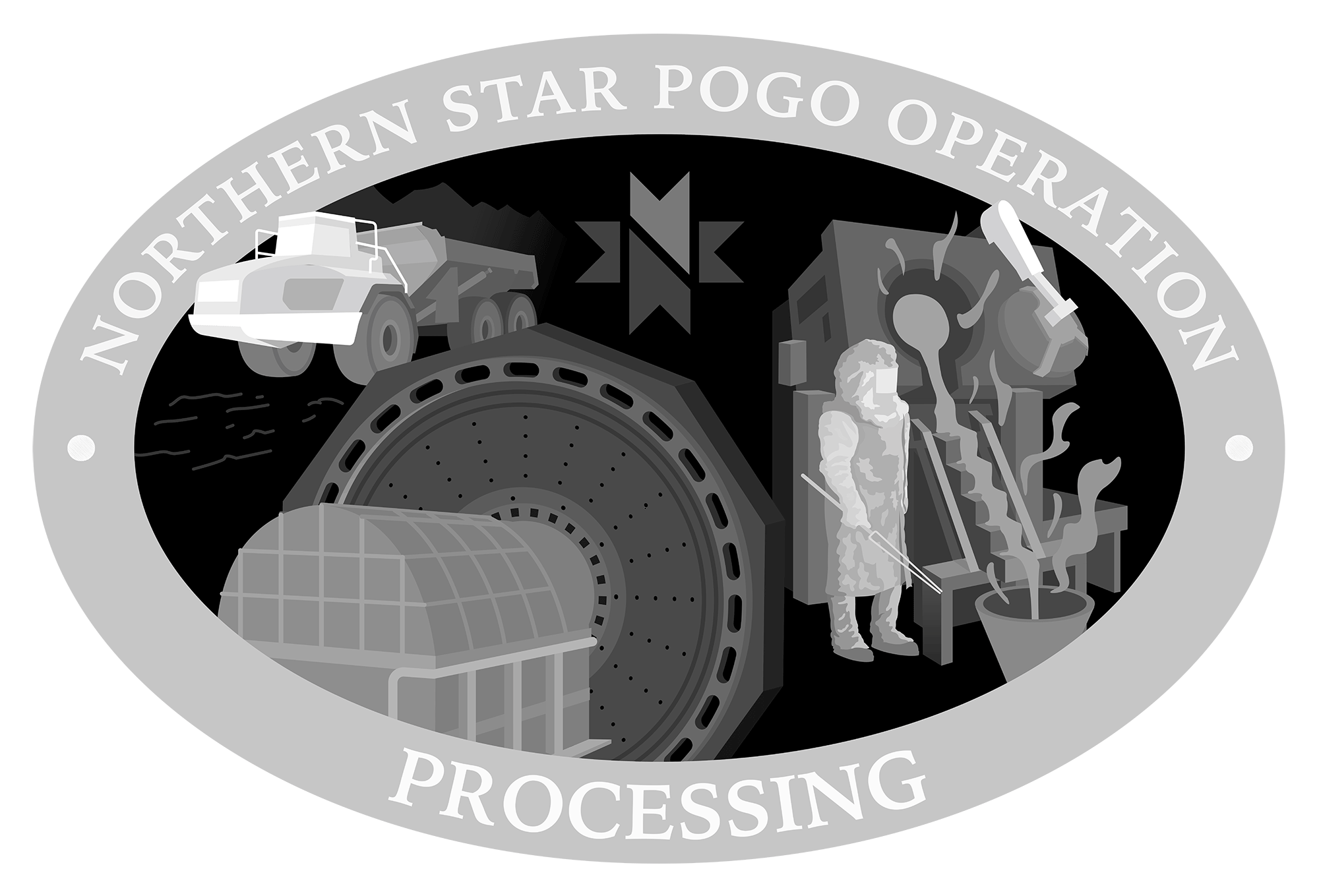 A belt buckle mockup design of the Northern Star Pogo Operation Processing logo