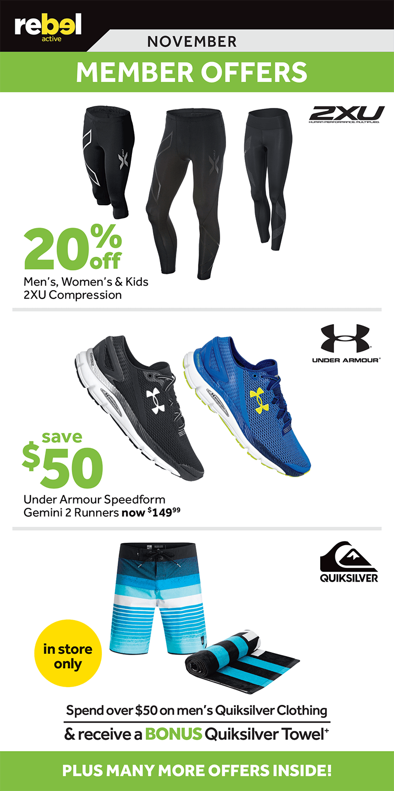 The front side of a point of a sale flyer for Australian sporting outlet Rebel