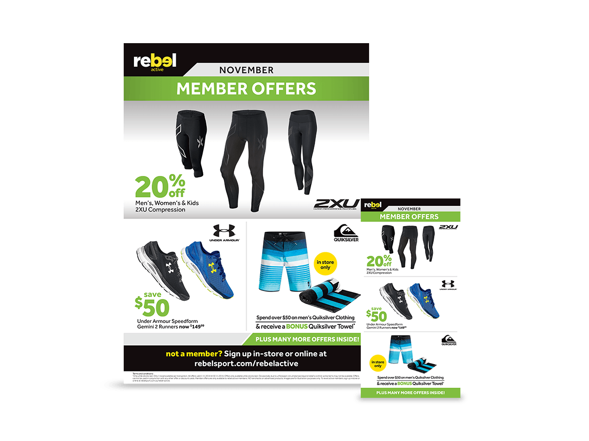 The point of a sale sign and flyer for Australian sporting outlet Rebel