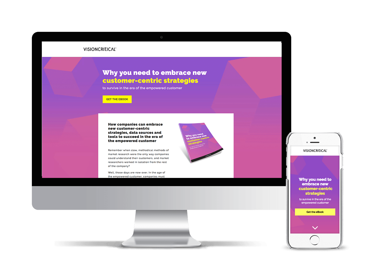 An iMac and iPhone displaying Vision Critical ebook landing pages