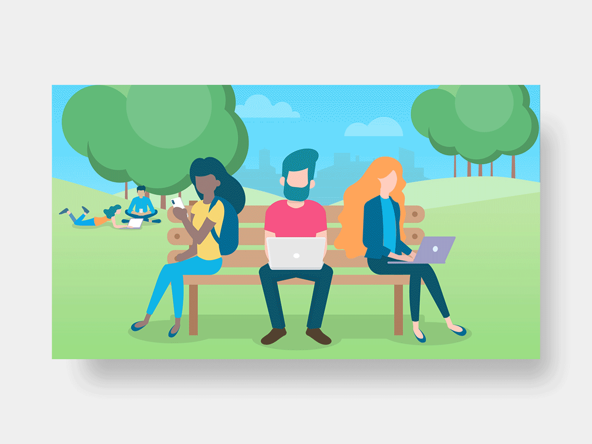 A vector illustration depicting five people at a park using digital