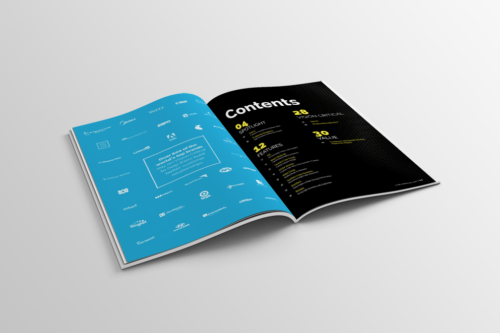 A double page layout design of the contents page for the 2017 Visionary Magazine