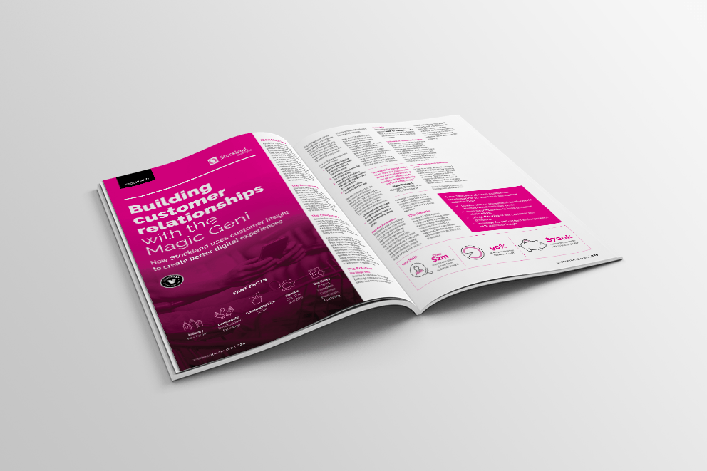 A double page layout design of the pink special feature page for the 2017 Visionary Magazine