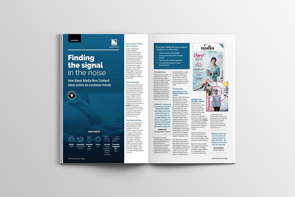 A double page layout design of the blue special feature page for the 2017 Visionary Magazine