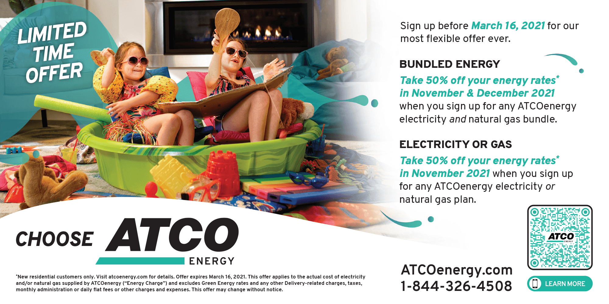 The back side of a flyer showing a two little girls pretending they are at the beach inside a house