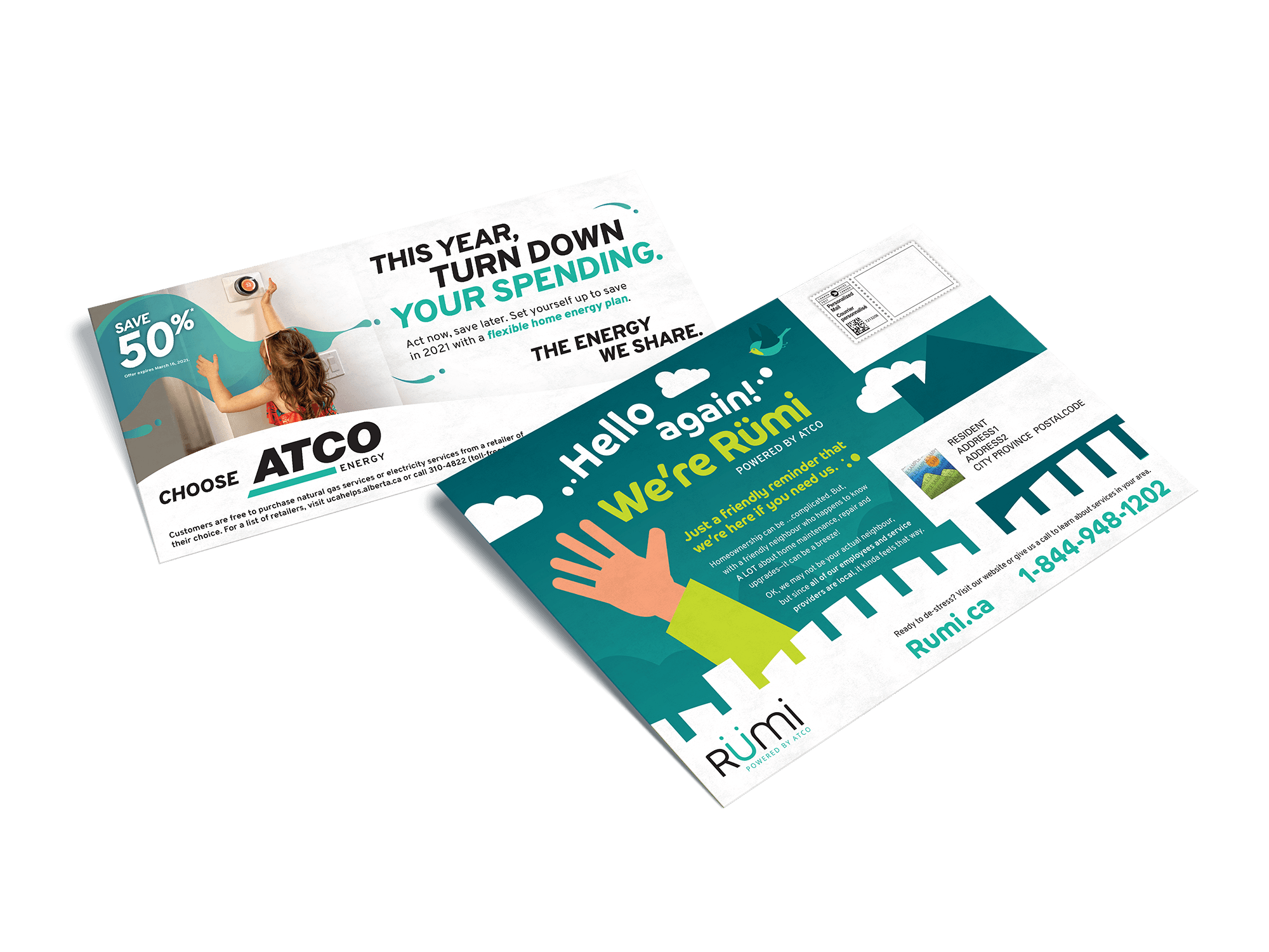 Two direct marketing flyers for Rumi and ATCOenergy