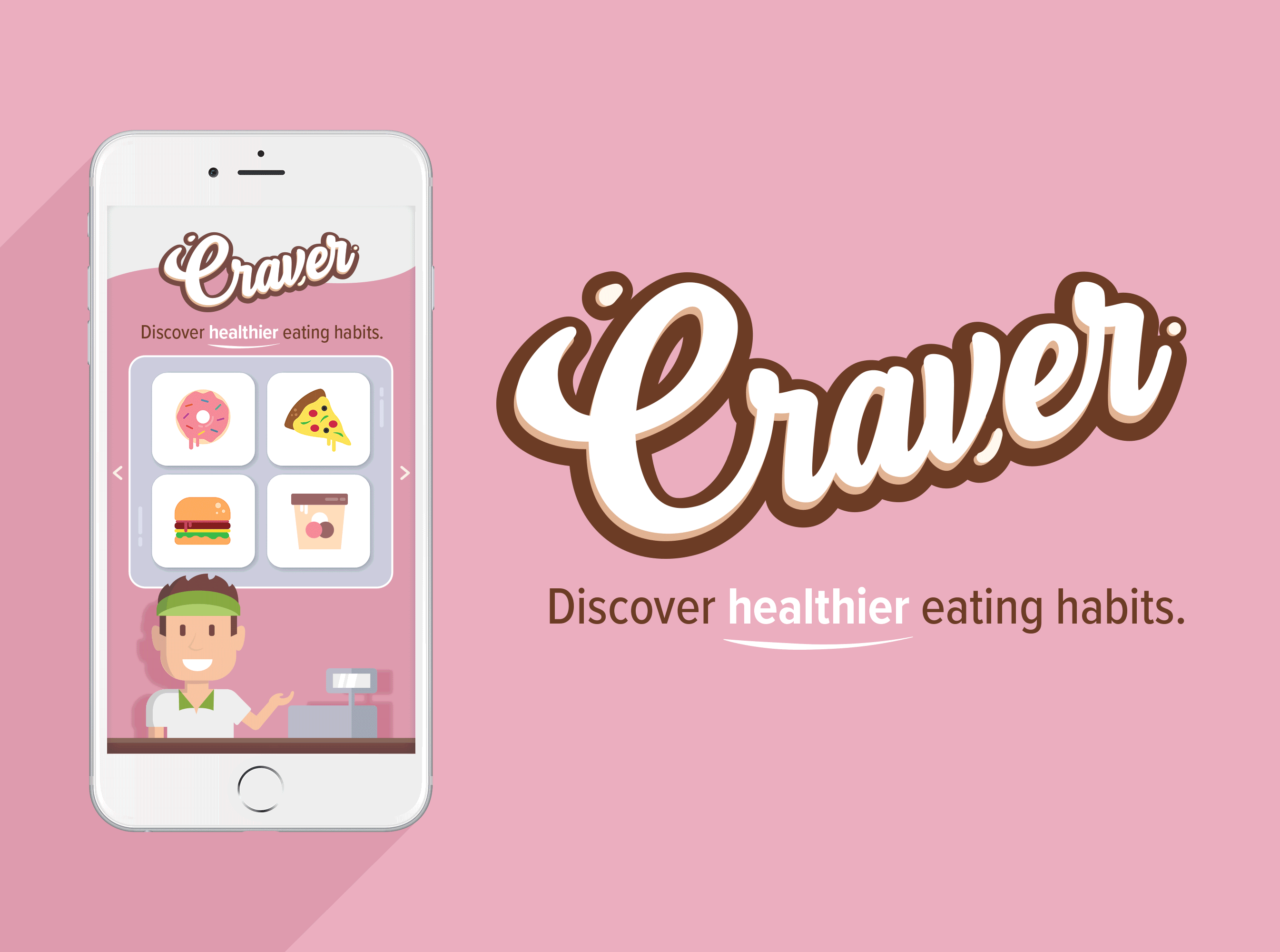 The branding for a healthier eating habits app called Craver showing both the logo and phone mockup