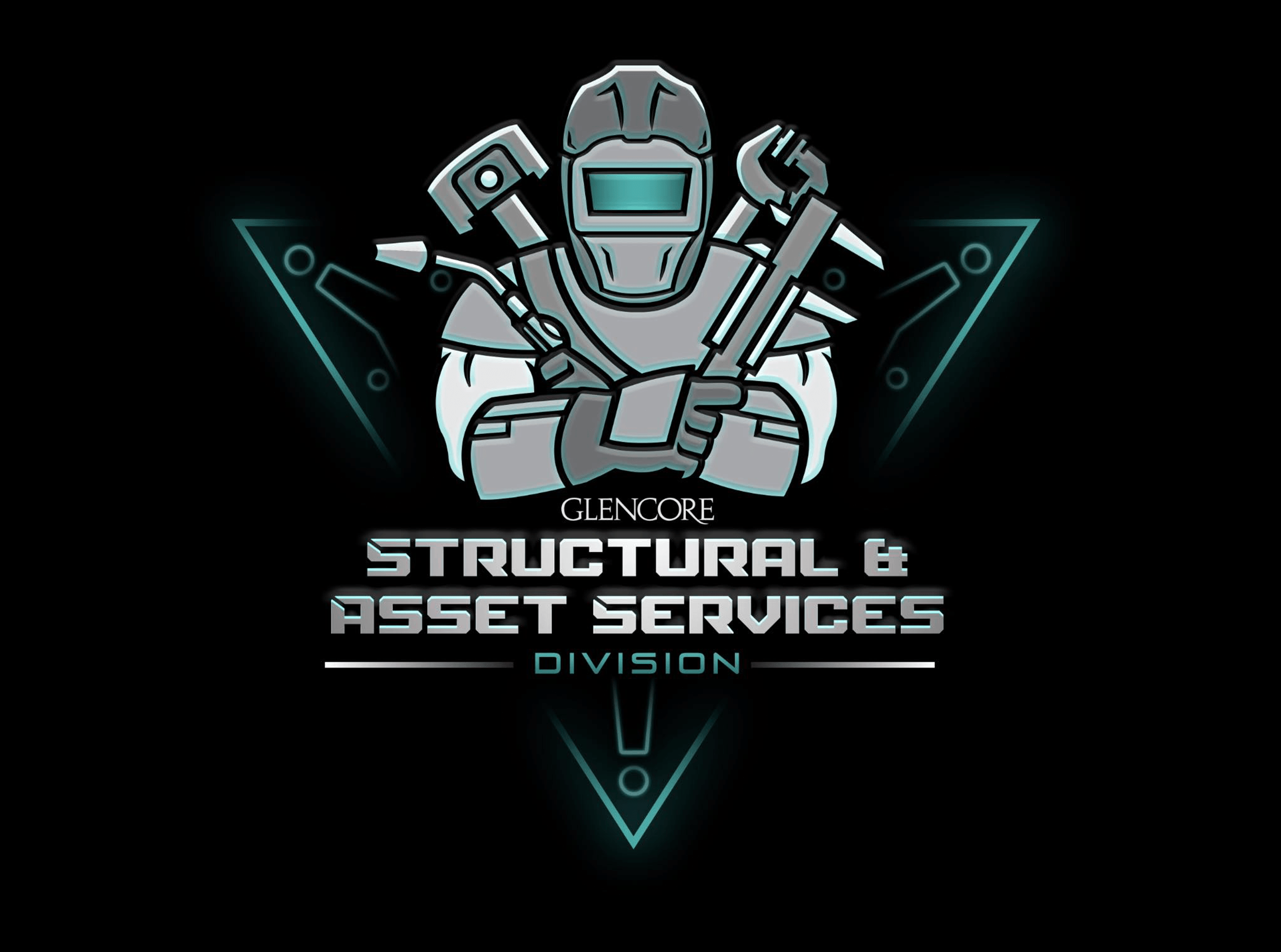A sci-fi looking logo displaying a figure wearing a number of mining tools to represent the structural & assets services division