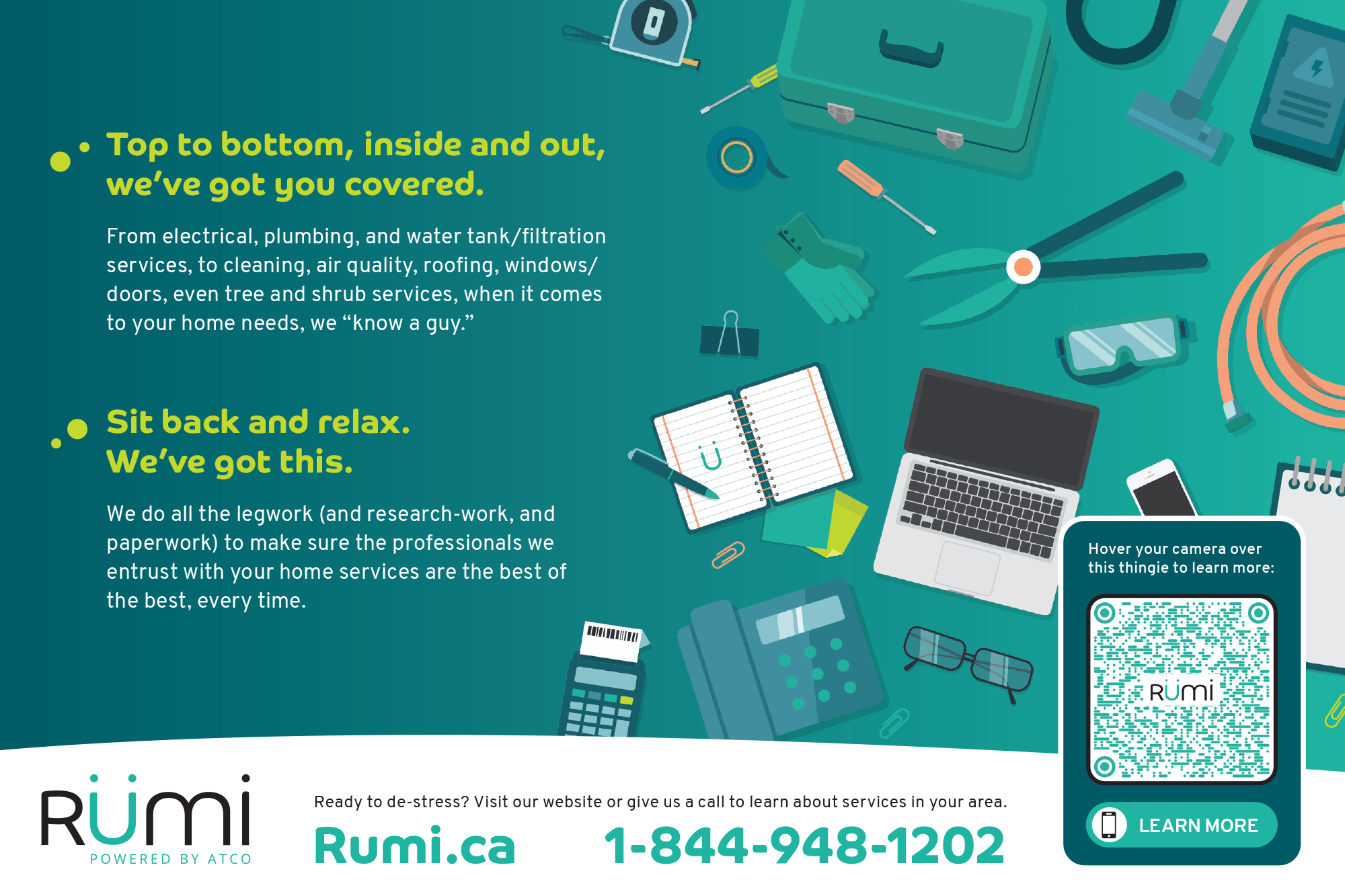 The back side of a flyer for Rumi showing a variety of hand tools and office equipment