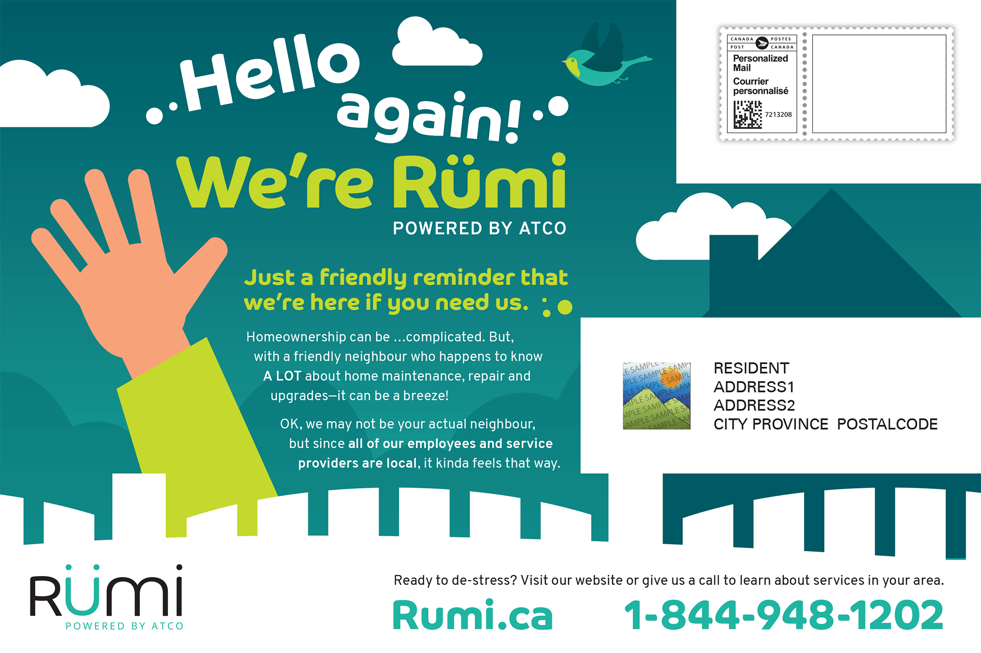 The front side of a flyer for Rumi showing a hand waving from behind a fence